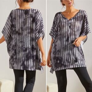 NEW Simple by Suzanne Betro Black & Gray Stripe Tassel Cape Sleeve Tunic Size 3X